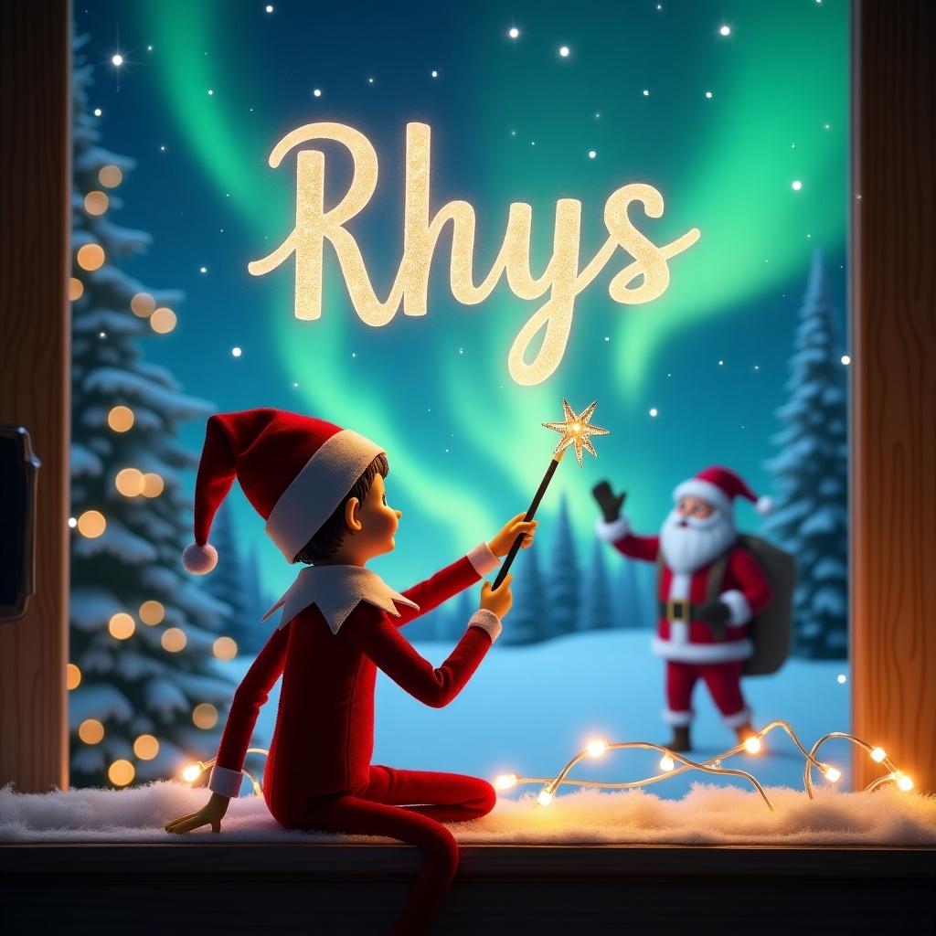 An elf on the shelf sits facing the window, enchantment in the air. He holds a wand, its tip glowing as he writes 'Rhys' in sparkling letters against the night sky. Outside, Santa Claus stands amidst a snowy wonderland, illuminated by the mesmerizing northern lights. The scene captures the magic of Christmas, inviting warmth and joy. Decorations and lights adorn the window sill, heightening the festive atmosphere.