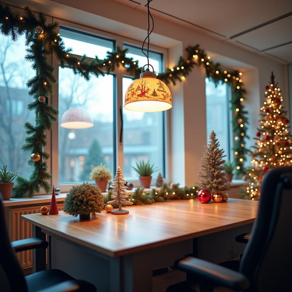 Modern office with Christmas theme. Large windows adorned with festive decorations including garlands and lights. Bright white ceiling reflects light from pendant light. Walls have subtle holiday colors creating cozy atmosphere. Small Christmas ornaments on desk and window sill enhancing cheerful ambiance.