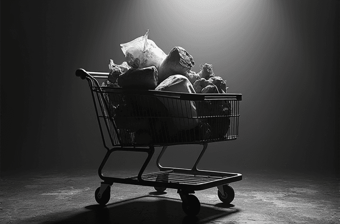 A shopping cart filled with garbage stands under dramatic lighting in a dark room.