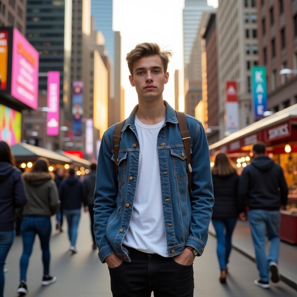 Person wearing a denim jacket in a busy urban street. Modern city backdrop with shops and advertisements. Daytime atmosphere with city dwellers walking around. Focused on fashion and urban lifestyle.