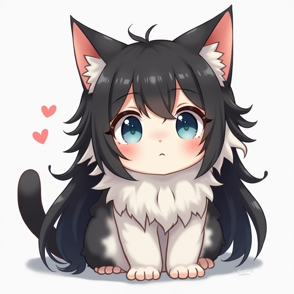 A shy and cute catgirl with long black and white hair. She has pale blue eyes and fair skin. Appears modestly chubby, adding to her charm. The image captures her unique features and demeanor with subtle details. High-quality and endearing illustration.