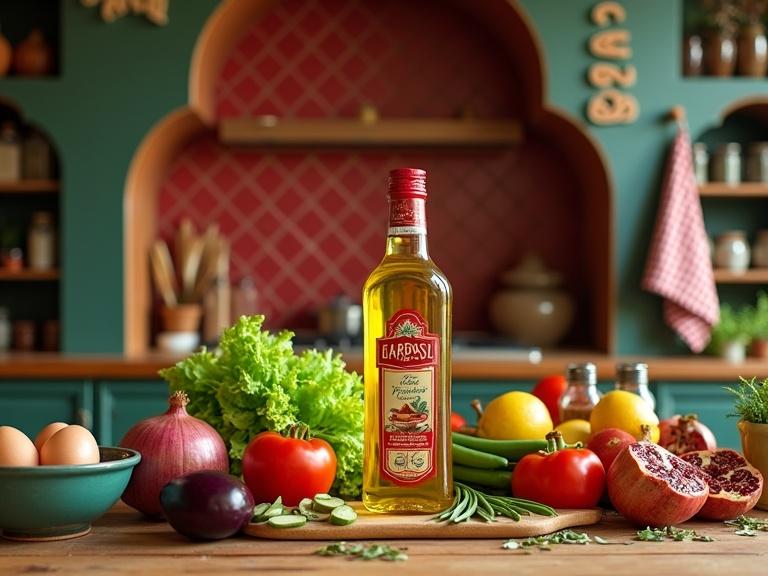 A colorful Moroccan kitchen scene with a wooden table filled with fresh vegetables fruits and spices. In the center a transparent plastic bottle of golden cooking oil with a red cap and detailed label. Vibrant ingredients surround the bottle including lettuce red onions tomatoes bell peppers eggplants lemons pomegranates green beans and eggs in a teal ceramic bowl. Traditional Moroccan condiment containers and spice jars placed around with scattered herbs and bay leaves on the wooden surface. A warm and cozy kitchen interior with a red tile backsplash and dark green wooden shelves filled with spice jars and bottles. Two wooden archways frame the kitchen space. Checkered towel hangs on the wall with Arabic text softly appearing in the top-right corner. Bright cinematic lighting gives a clean commercial-style look with a shallow depth of field focused on the oil bottle.