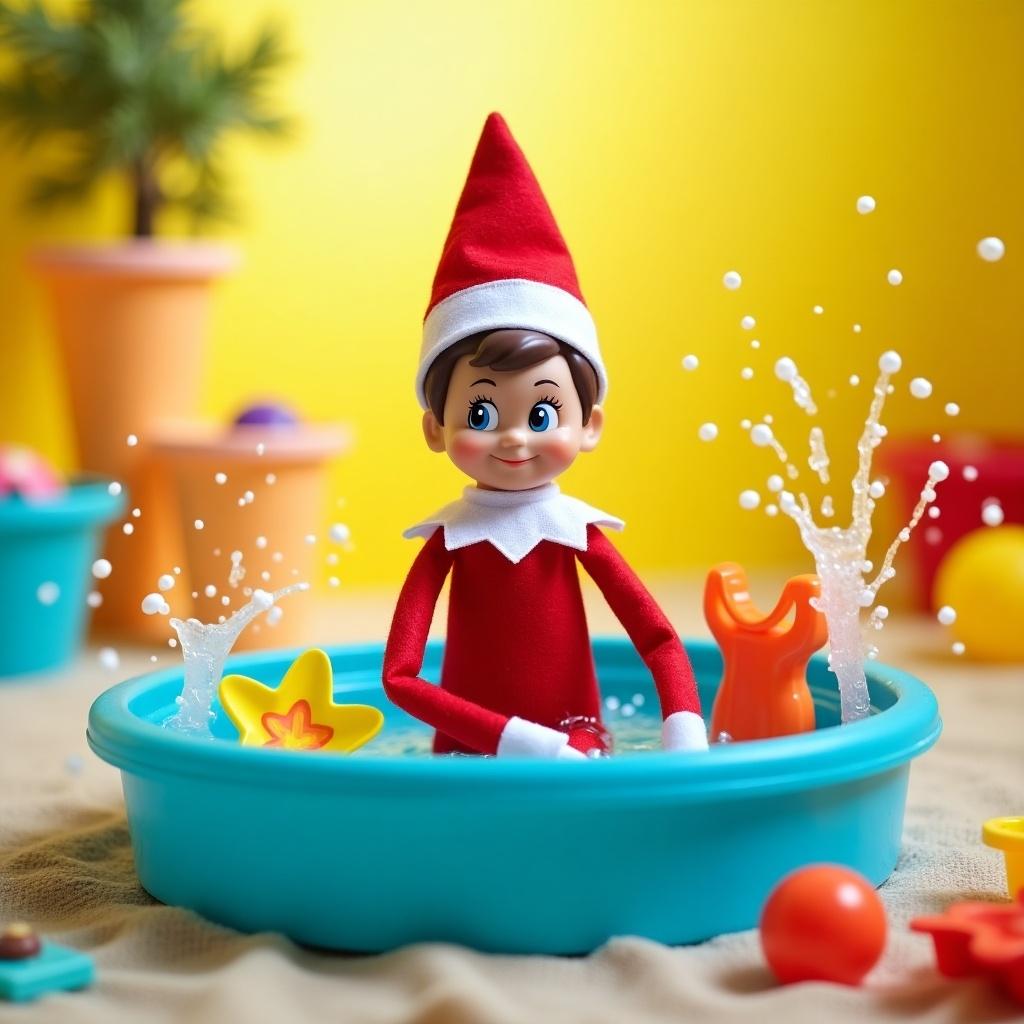 Elf on the shelf sitting in a paddling pool filled with toys and water splashes. Bright background with colorful elements.