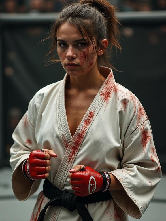 Full body image of a realistic athletic woman with asymmetrical hairstyle. She wears a worn-out karate gi with blood smudges. Heavy bruises on her face. Exhausted yet focused expression. Bloody fists held up in an MMA arena.