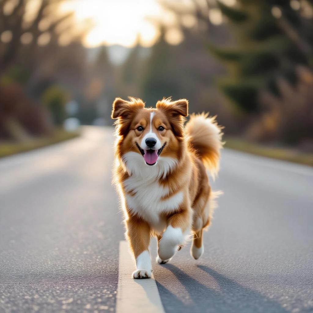 A dog runs along a road during sunset.