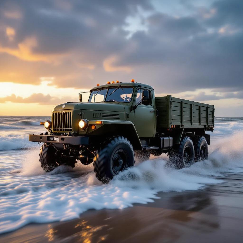 1954 Soviet 6x6 military truck drives at high speed along ocean shoreline. Left wheels churn through ocean waves. Right wheels on wet sand. Sunset at golden hour with stormy ocean waves and dramatic clouds. Action splashing around tires. Ultimate focus with ultra-sharp details and motion blur. Hyperrealistic textures. No humans present.