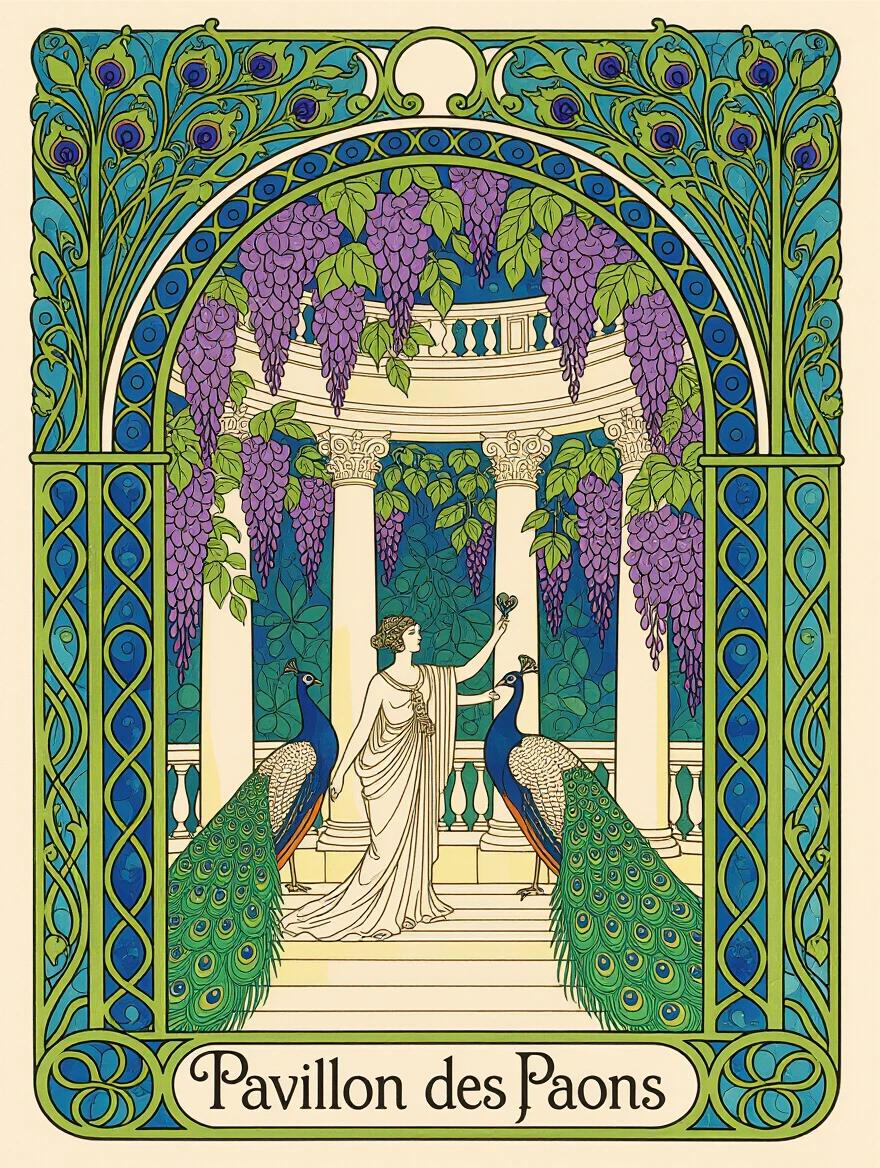 A beautiful Art Nouveau illustration framed by peacock feathers and vines. Central scene shows a pavilion with columns where an elegant robed figure feeds peacocks among blooming wisteria. Purple flower clusters drape from arches while birds display tail feathers. Art Nouveau lettering at the lower border. Decorative frame features peacock eye patterns and whiplash curves. Layered paper-cut technique creates depth with floral and architectural reliefs. Soft light filters through wisteria creating shadows on marble surfaces. Composition emphasizes organic lines with classical architecture.