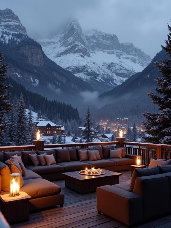 Cozy outdoor lounge with plush sectional sofa set on wooden balcony overlooking snow-covered village. Towering mountains in background under overcast sky. Warm glow from torches and candles. Dark wooden decking with a rustic touch. Scattered lights of village enhance the serene atmosphere.