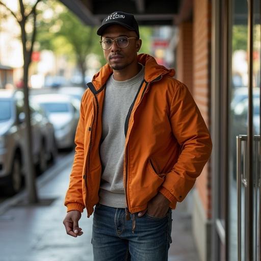 Man standing in urban area wearing orange jacket and glasses. Gray sweatshirt underneath. Black cap completes the look. Background shows city street with parked cars.