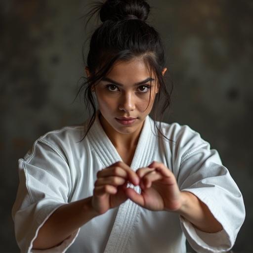 Image features a mature goth woman in karate outfit. She makes an attack showing her sole.