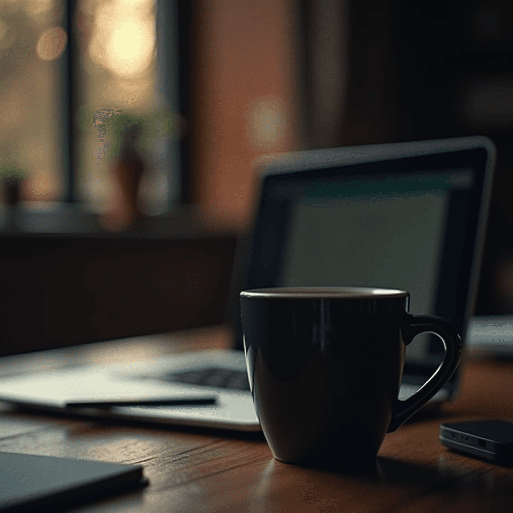 A black coffee mug sits on a wooden table next to a laptop with a blurred window view in the background.