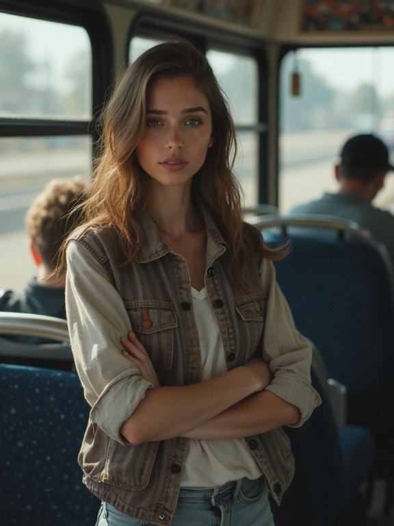 A young woman with long hair stands confidently in a bus. She wears casual, regular clothes. The image is a quick phone shot, slightly out of focus. Shadows create a raw and natural atmosphere. The bus setting is urban and common.