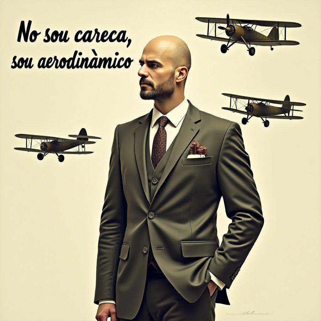 Stylish man in a suit posing. Airplanes flying around him. Text in Portuguese humorously referencing baldness.