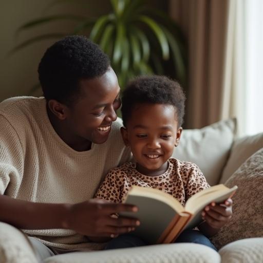 A young child reading a book to a parent in a cozy home setting. The child has a joyful expression while engaging with the book. Soft furniture and warm colors create a comfortable atmosphere. Natural light enhances the scene.