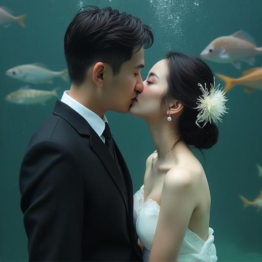 Photograph captures Asian wedding couple kissing underwater with fishes. Girl in white dress, man in black suit with a white flower. Dark gray background. High angle shot. Hyper-realistic style. Romantic mood.