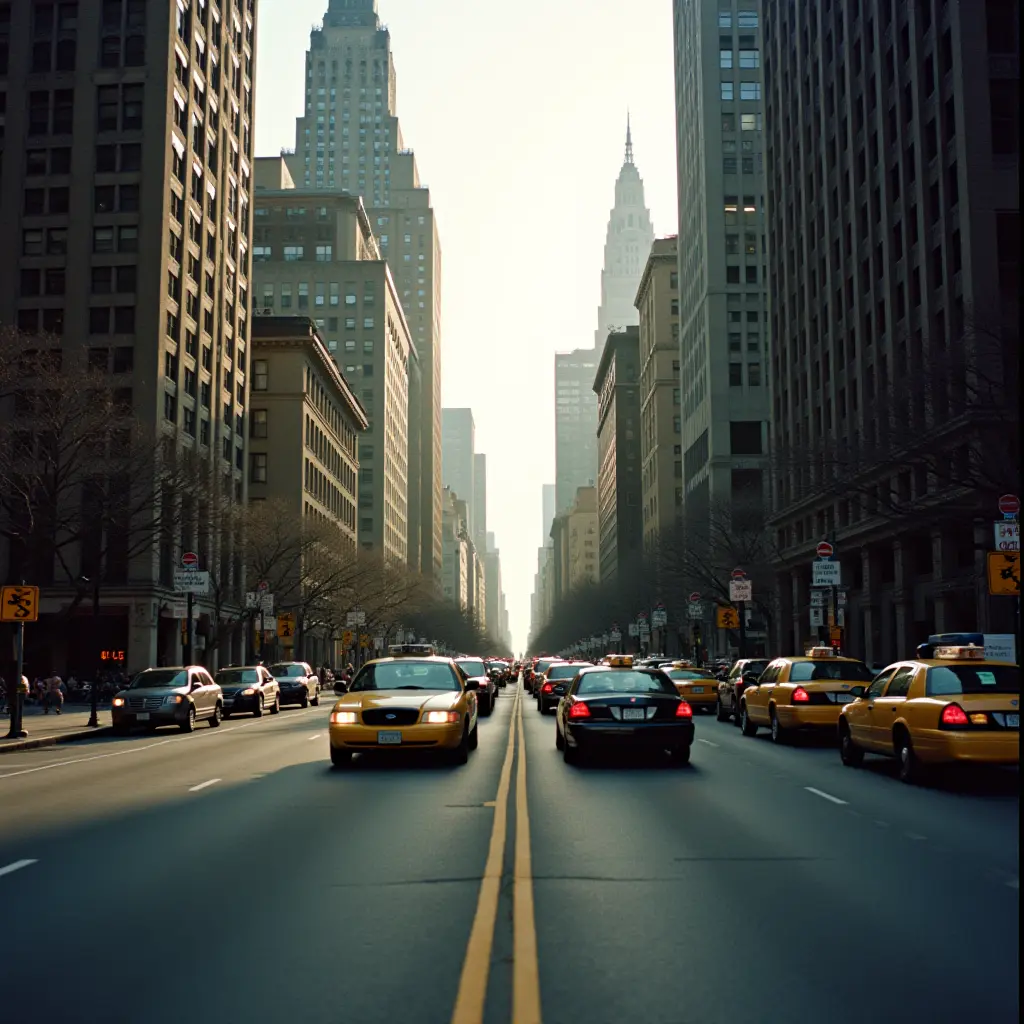 Yellow taxis swarm a bustling New York City street amidst towering skyscrapers at dawn.