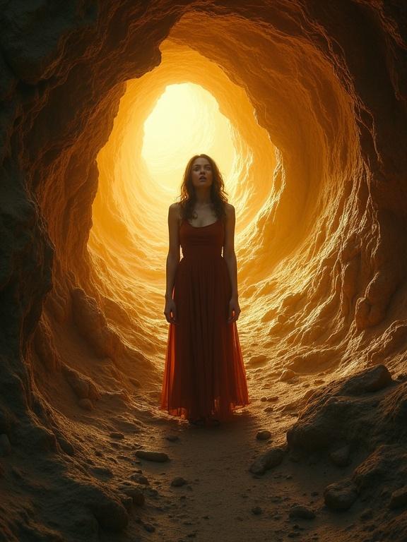 A woman wearing a red dress stands in a cave illuminated by golden light. The scene evokes deep emotions of disappointment and astonishment. Patterns in the background shift and create a surreal atmosphere. The photograph showcases stunning detail and vibrant colors.