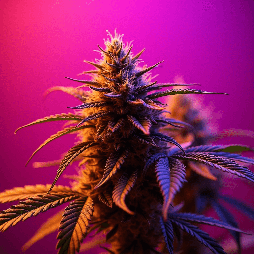 A cannabis plant bathed in vibrant pink and purple lighting, showcasing its lush green leaves and dense bud structure.