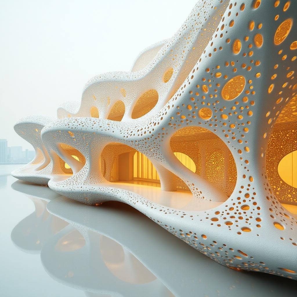 Digital rendering of architectural structure by Zaha Hadid. Design features flowing lines and intricate patterns. Showcases generative design aesthetics with voronoi shapes and gold fractal details.