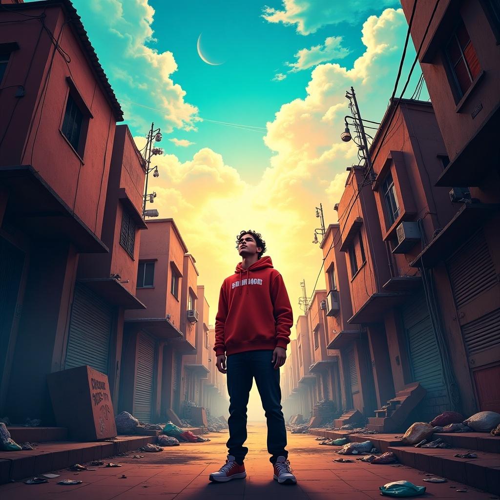 Vibrant thumbnail for rap song. Scene depicts gritty slum with narrow alleys and worn-down buildings transitioning to a bright, expansive sky. Young rapper in casual streetwear stands confidently in the center, looking up. Contrasting colors symbolize hope and aspiration from poverty to success.