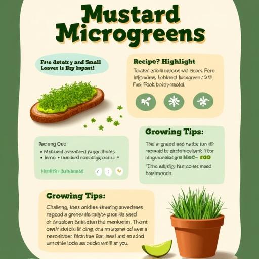 Create a vertical classroom poster about mustard microgreens. It features a colorful layout with earthy tones. Sections include a recipe highlight for avocado toast, growing tips with icons for challenges and solutions, and a call to action to grow your own microgreens. Poster should be bold and student-friendly.
