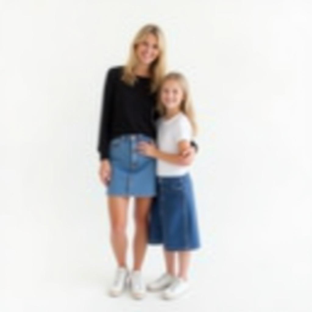 Mother stands smiling with daughter at her side. Mother wears black long-sleeved top and denim skirt. Daughter wears white t-shirt and blue denim skirt. Both are close and happy. Plain white background provides clean look.