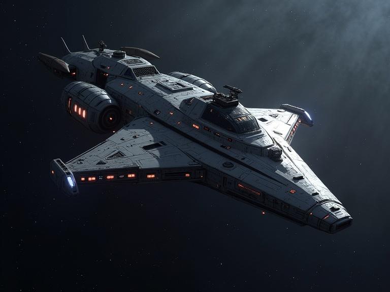 A starcruiser in deep space. The ship displays intricate details and textures with realistic shadows. The backdrop features numerous stars creating an atmospheric scene in high definition.