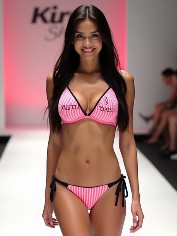 Young woman wearing a pink bikini. Long black hair and a sweet smile. Walking on a white catwalk. 'Kira Shop' banner in the background. Focus on bikini details.