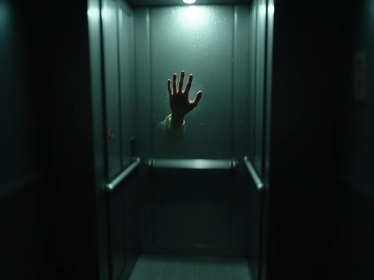 Inside a dark elevator, a pale hand suddenly slaps against the glass from outside. Screeching sound and slow zoom create a horror jump scare tension.