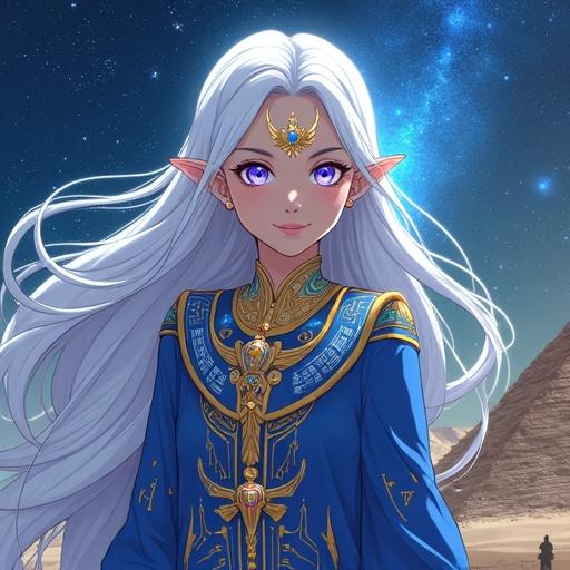 Anime-style elven goddess with long white hair. Glowing violet eyes and mocking smirk. Golden circuit markings on face like Egyptian hieroglyphs. Regal robe in sapphire, blue, and gold. Floating crystal ankhs and glowing scarab runes. Translucent falcon spirit behind her. Cosmic sand and particles around. Hovers above a shattered pyramid. Dominant aura, universe bending around her.