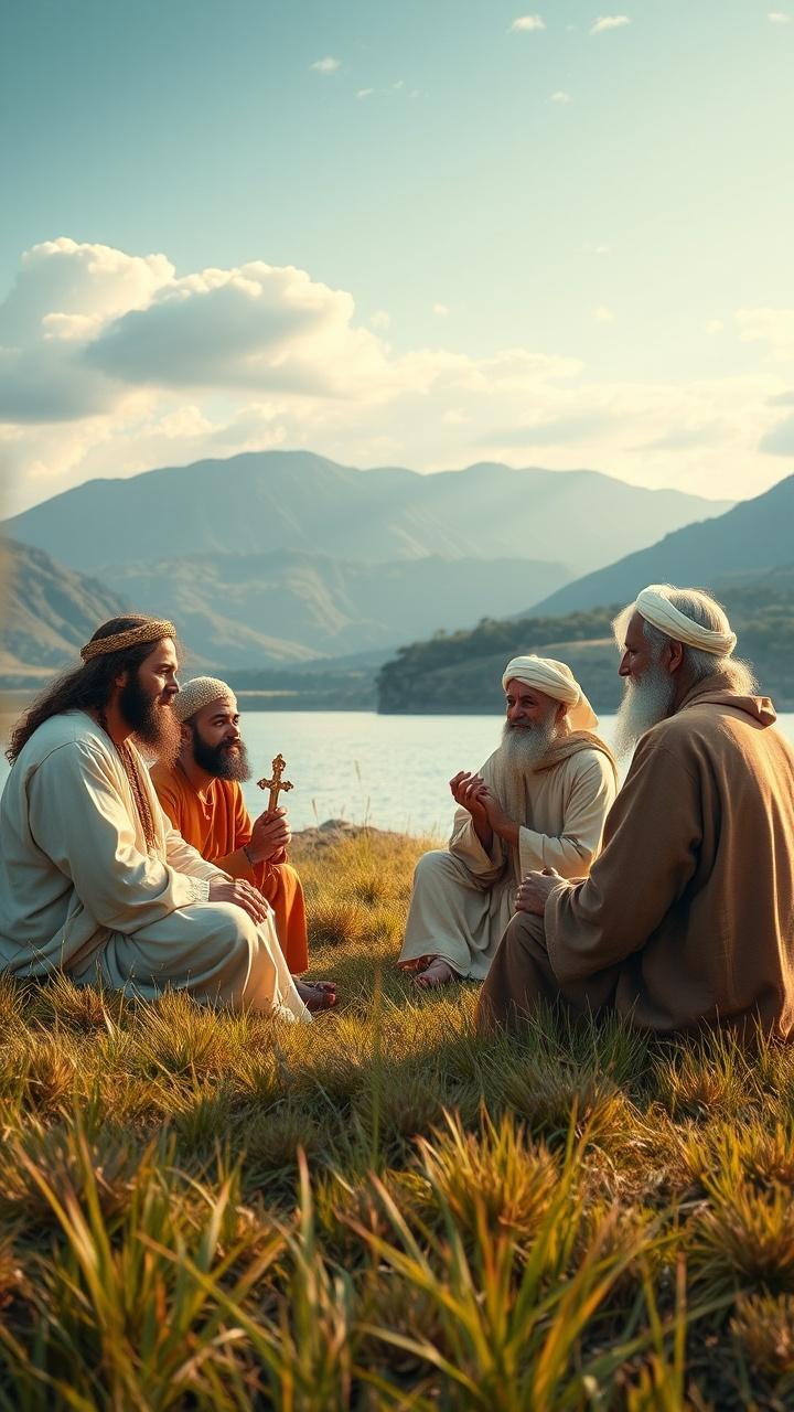 In a serene, mountainous landscape, four men clad in traditional robes engage in a peaceful conversation by a lake. The soft afternoon light casts a warm glow over the scene, highlighting the lush grass and the distant, shadowy peaks. The men appear contemplative and connected, creating a sense of harmony and tranquility.