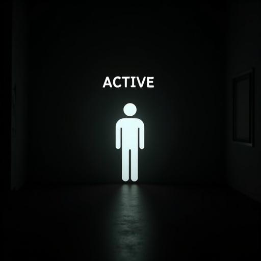 Symbol of a person represented in white against a black background. Text 'ACTIVE' displayed above the figure. Scene resembles an eerie atmosphere and minimalist design.