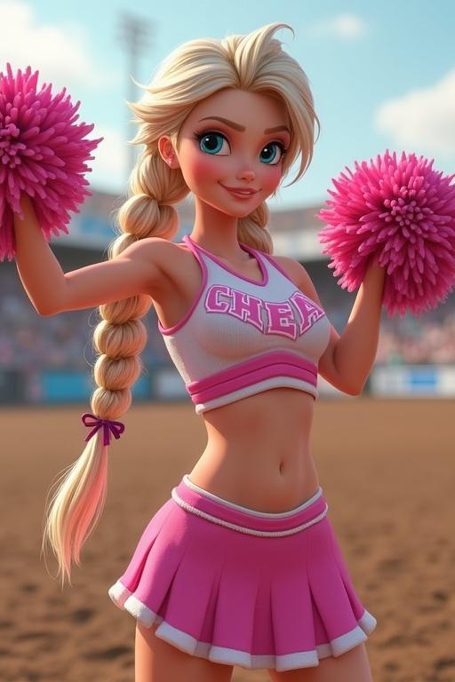 Animated character resembling a cheerleader in pink uniform with pom poms. Cheerleader has long hair in two ponytails. Cheerleader is participating in a rodeo event.