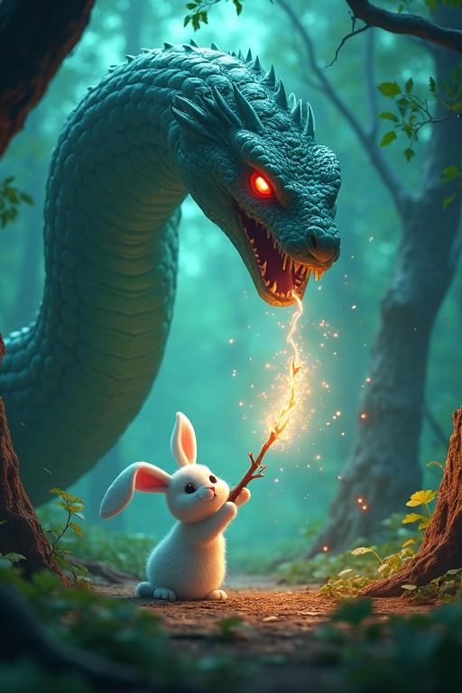 3D animated scene depicting a rabbit facing a massive snake in a magical stormy forest. Rabbit holds a glowing branch. Snake has red eyes and dark green scales. Lightning illuminates the scene. Glowing trees and swirling particles create a vibrant atmosphere.