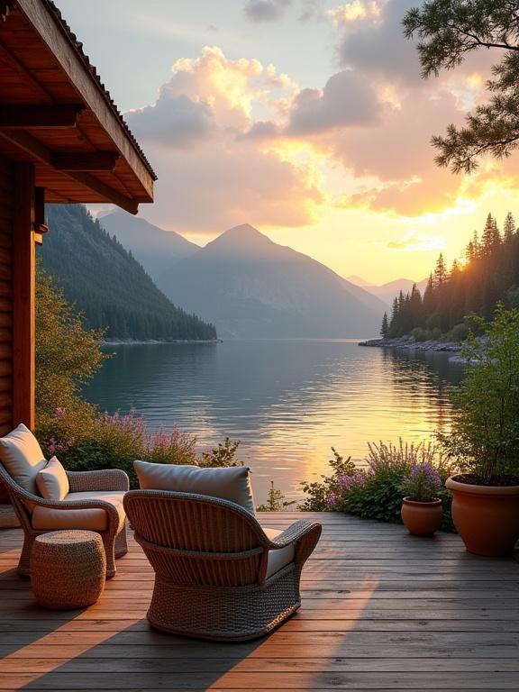A rustic outdoor terrace with wicker chairs overlooking a serene lake at sunset. Mountains surround the area, creating a peaceful atmosphere. Natural materials and earthy colors are prominent in the setting.