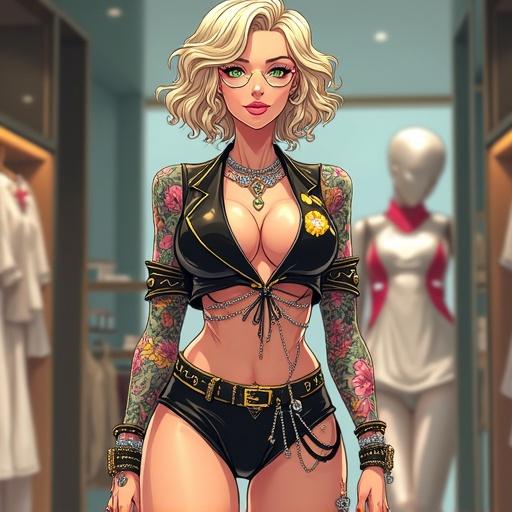 Anime woman 67 years old. Emerald green eyes. Beautiful face. Short elegant light blonde curly hair. Wearing light pink diamond jewelry. Super futuristic and hi-tech style. Half Japanese and half Saiyan. 6 feet 1 inch tall. Muscular arms with big breasts and 6 pack abs. Light pink lipstick. White eyeshadow. Piercings including a double belly button ring. Inside a luxurious Prada store. Colorful and beautiful traditional Japanese tattoos. Famous look. Wearing sexy heavy metal printed shirt and belted shiny shorts. Shopping in New Cherry Blossom City at noon on 1st Avenue. Black diamond encrusted sunglasses on her face.