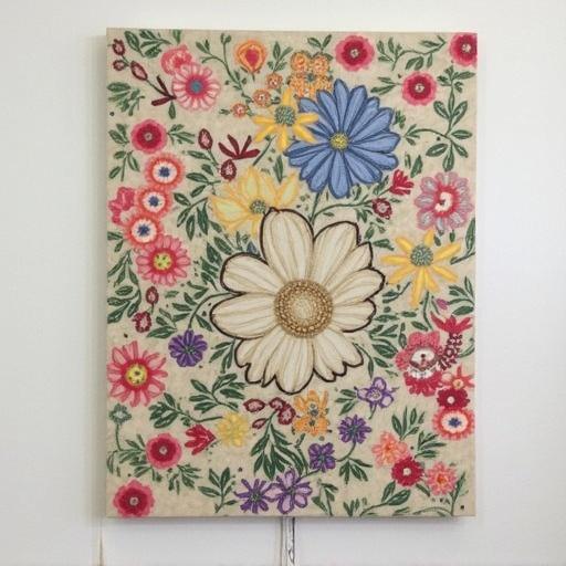A colorful floral design featuring various flowers. Dominant colors include yellow, blue, pink, green, and white. Center flower has large petals outlined in brown. Background is cream-colored. Stitching or embroidered elements visible.