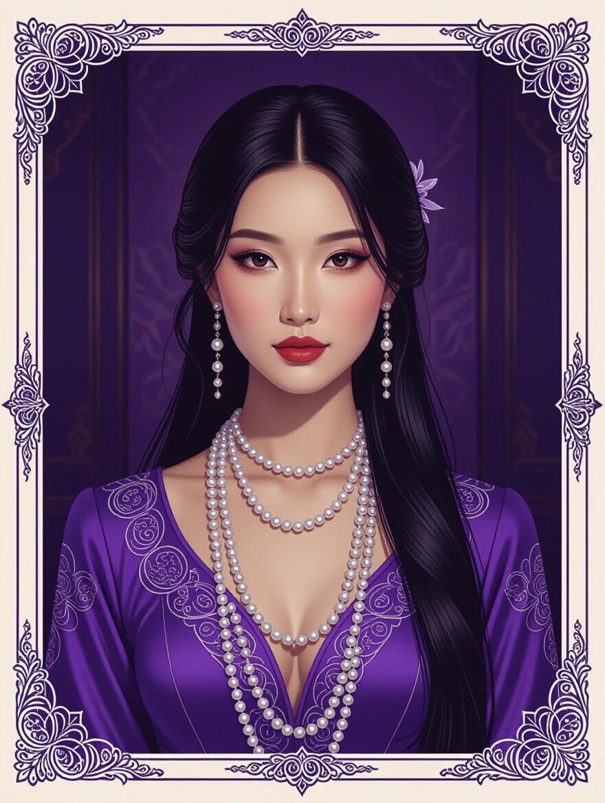 An oil portrait portrays a beautiful woman from the waist up. She wears long strings of pearls. Her formalwear is ornate and lavender. The setting is a dim mansion room. The color scheme features lavender tones. The mood is dark and mysterious. The artwork has an Art Nouveau border.