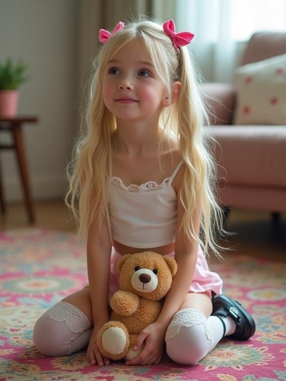 A child with long blonde hair and pink bows kneels on a colorful rug in a living room. She wears a white crop top and pink skirt with thigh-high socks. She hugs a teddy bear, looking up with curiosity. Soft-lit environment with a cozy vibe.