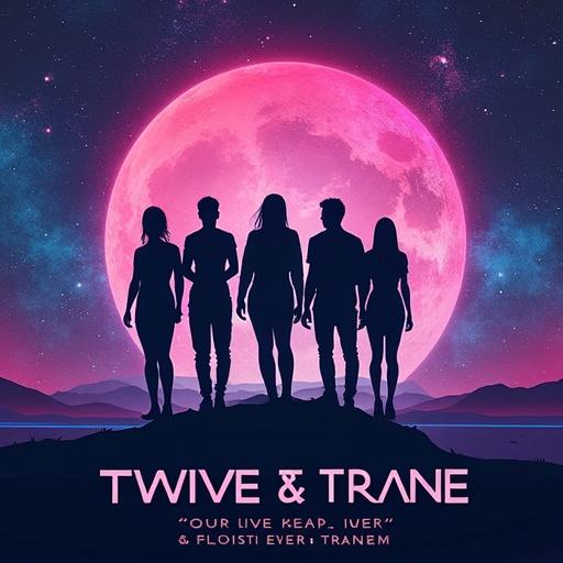 An EDM album cover featuring silhouetted figures against a large moon with vibrant colors and text overlay.