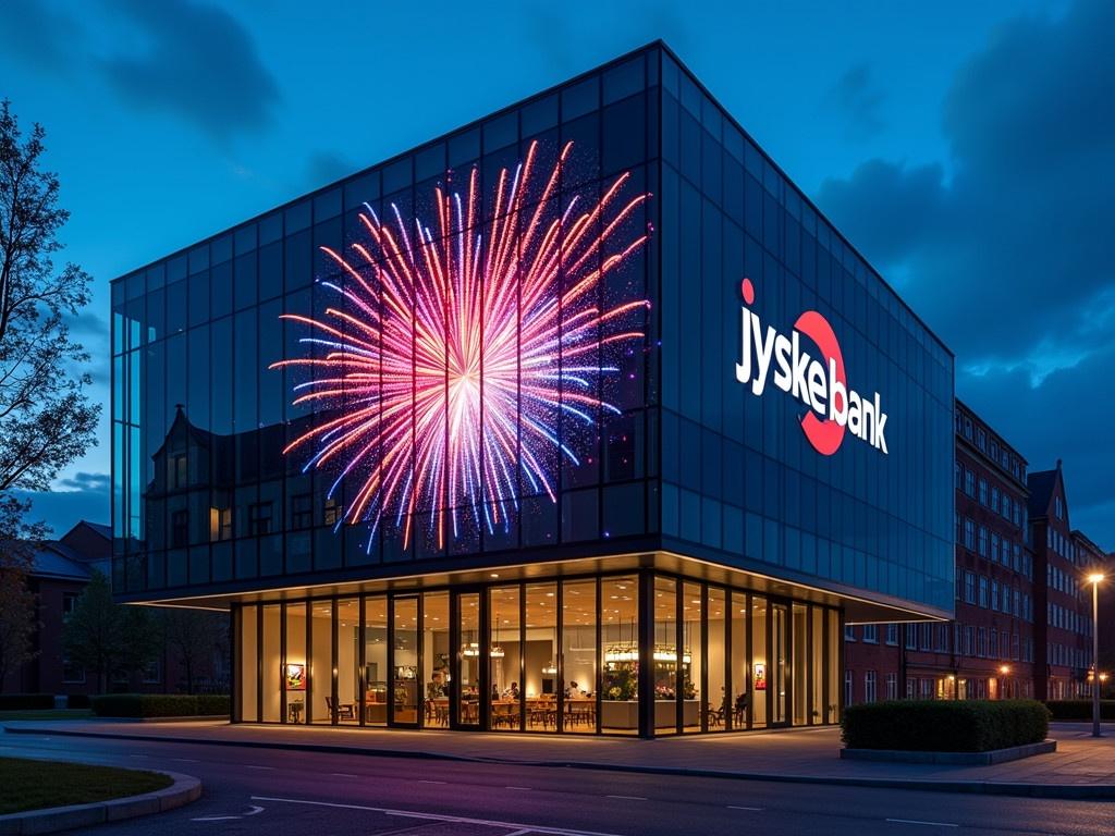 A modern bank building with a sleek glass facade, showcasing the prominent Jyske Bank logo on a large billboard. The logo resembles a camera shutter, surrounded by vibrant fireworks lighting up the night sky. The building reflects the colorful bursts, creating a dynamic and festive atmosphere. The scene is set at dusk, with soft lighting peeking from inside the building, suggesting activity and life within. Overall, it captures a moment of celebration, blending finance with festivities.