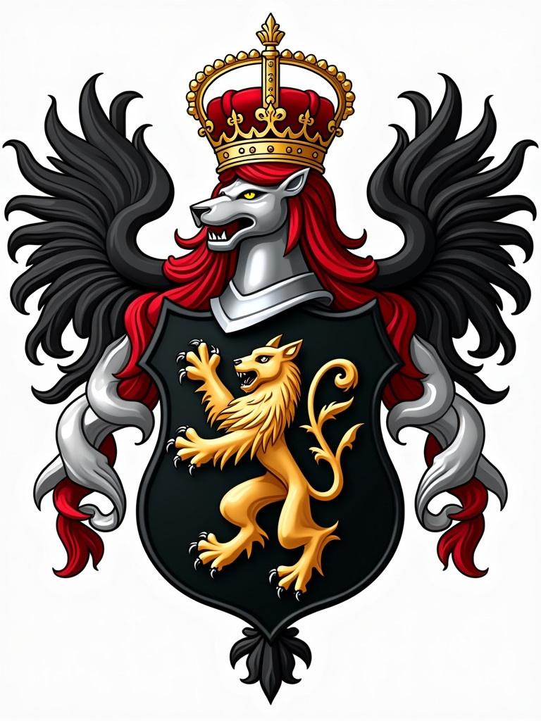 Design for a coat of arms. Features a shield with heraldic elements. Includes lions and griffins. Dominant colors are black gold silver red.