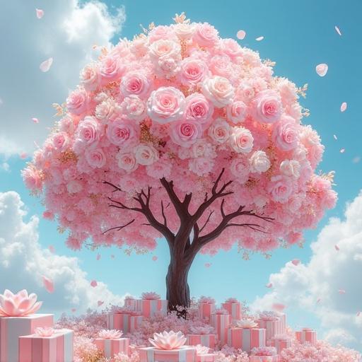 A pink rose tree with gifts in pink, white, gold, and light blue. Blue sky and white clouds. No shadows.