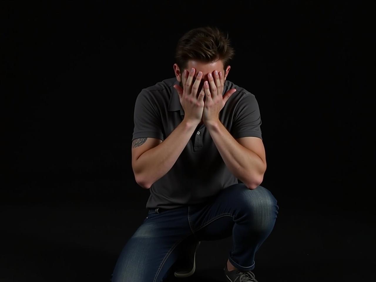 The subject is in a half-kneeling position, creating a more dynamic pose. He has covered his face with his hands, adding an expressive element to the image. The setting remains dark, emphasizing the figure. The clothing is casual, featuring a collar that gives a polished look. The overall mood of the image can be interpreted as reflective or contemplative.