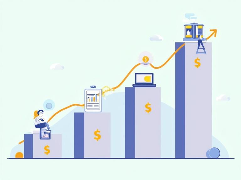 A graph illustrates rising income trends over the years from affiliate marketers. The graph features icons like laptops, phones, and dollar signs to depict income sources. The background has a light color scheme.