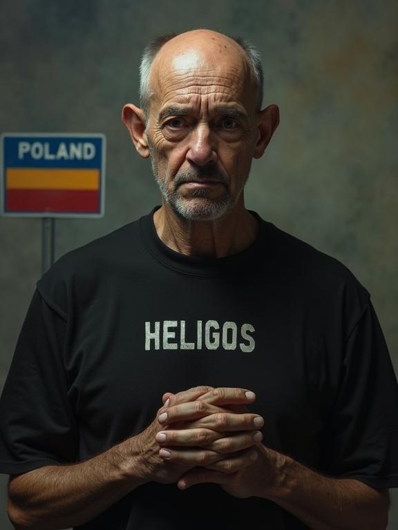 Portrait of a sorrowful middle-aged man with almost bald head and slightly asymmetrical face. He has large dark pleading eyes and protruding ears. Hands are pressed together near his chest in a begging gesture. Wearing a black shirt with HELGOS written on it. Background is blurred with a border sign reading POLAND. Melancholic expression and realistic lighting enhance the emotional impact.
