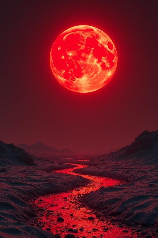 Red moon in the night sky over a desert of shattered glass. The landscape reflects the moon's glow with bright red hues.