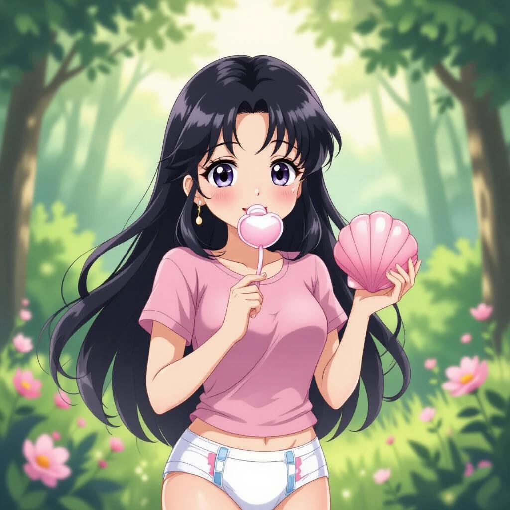 A digital illustration showing Usagi Tsukino in a dreamy forest. She has black hair and big eyes. She wears a pink t-shirt and white adult diapers. She holds a pink shell-shaped soother. The atmosphere is peaceful and warm due to soft light.