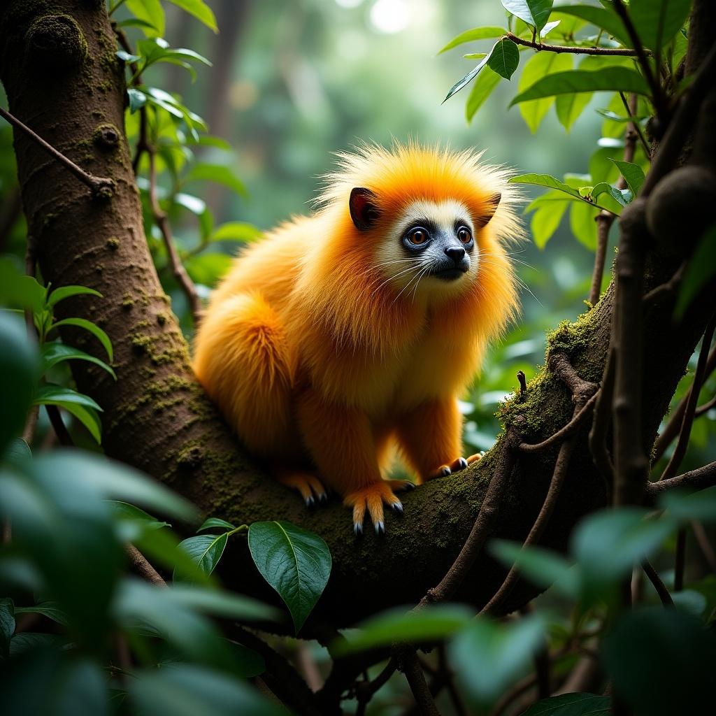 An animal habitat featuring a Golden Lion Tamarin in humid forests. Surrounding vines, bromeliads, and epiphytes create a lush environment. The scene depicts a closed canopy with the habitat situated 29-100ft off the ground within the Atlantic Coastal Regions of Brazil.