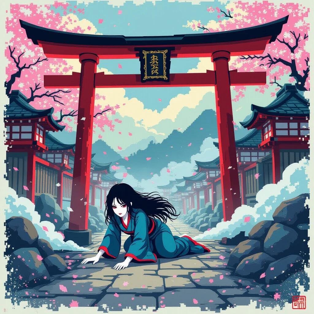 Pixel-E horror scroll depicting a traditional ukiyo-e yokai scene in an 8-bit pixel art style. A spectral woman with long black hair crawls through a torii gate. The background shows a Japanese paper texture overlaid with digital noise. Creepy fog consists of jagged pixels and cherry blossoms appear to glitch in mid-air. The overall aesthetic is a haunted screen-tone style, merging retro game horror with Edo-period woodblock art, featuring an eerie minimal color palette and moody lighting.